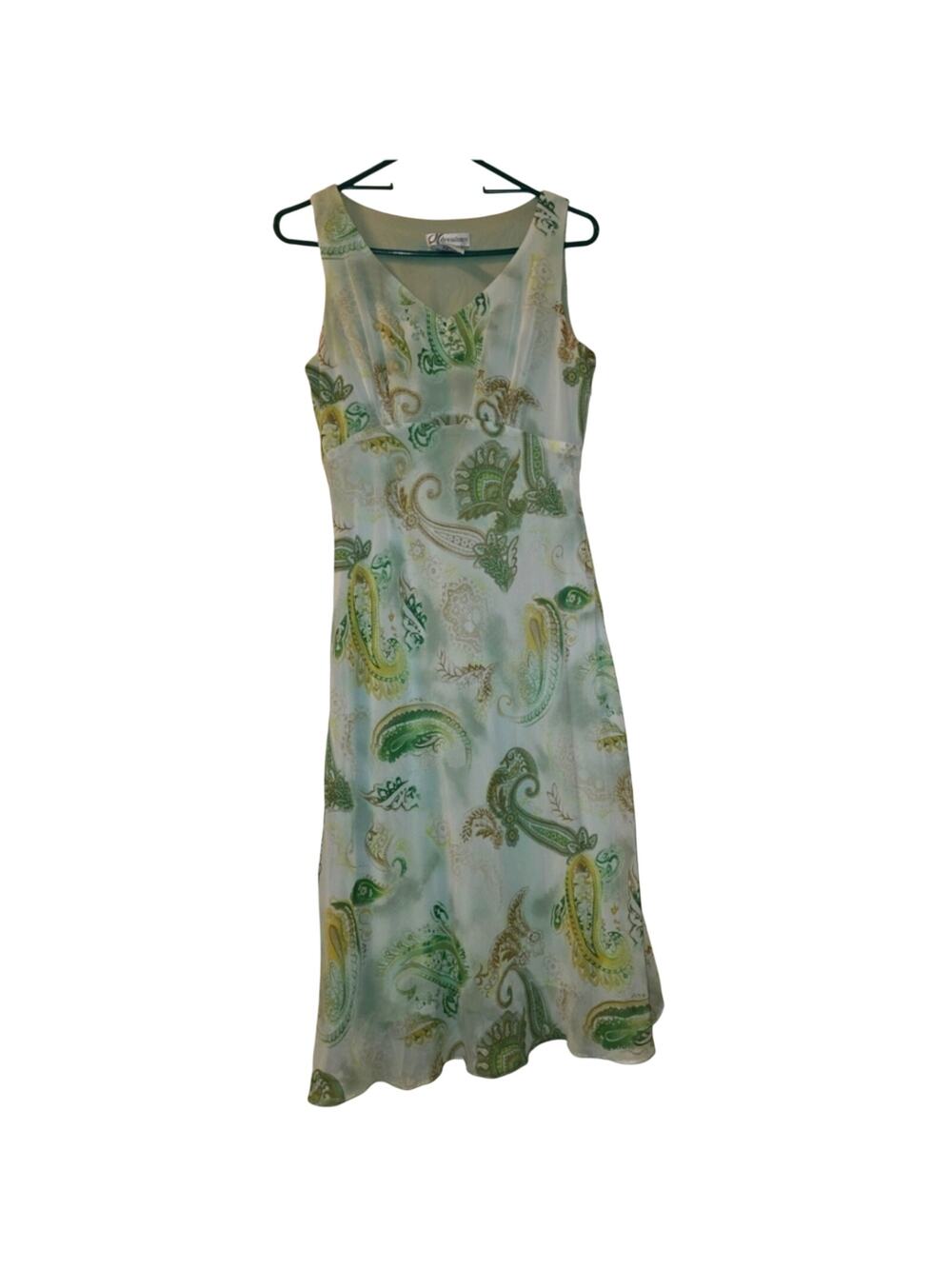 Vtg 90s Y2K Paisley Print Baby Doll Midi Dress Green V-Neck Sleeveless Fairy 8